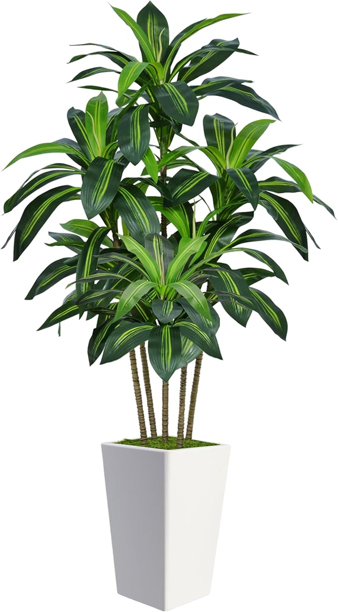 6FT Artificial Dracaena Tree, Fake Tree Indoor with White Tall Planter